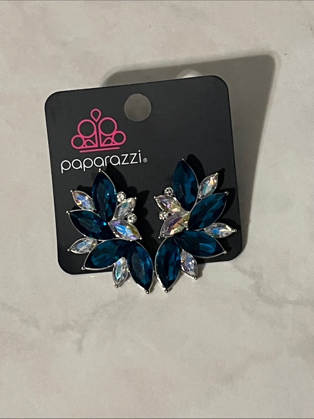 Paparazzi Deep Teal and Iridescent Crystal Floral Earrings